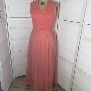 Vintage 60s Salmon Maxi Hostess Elegant Miss Formal Evening Dress Gown Small/Med